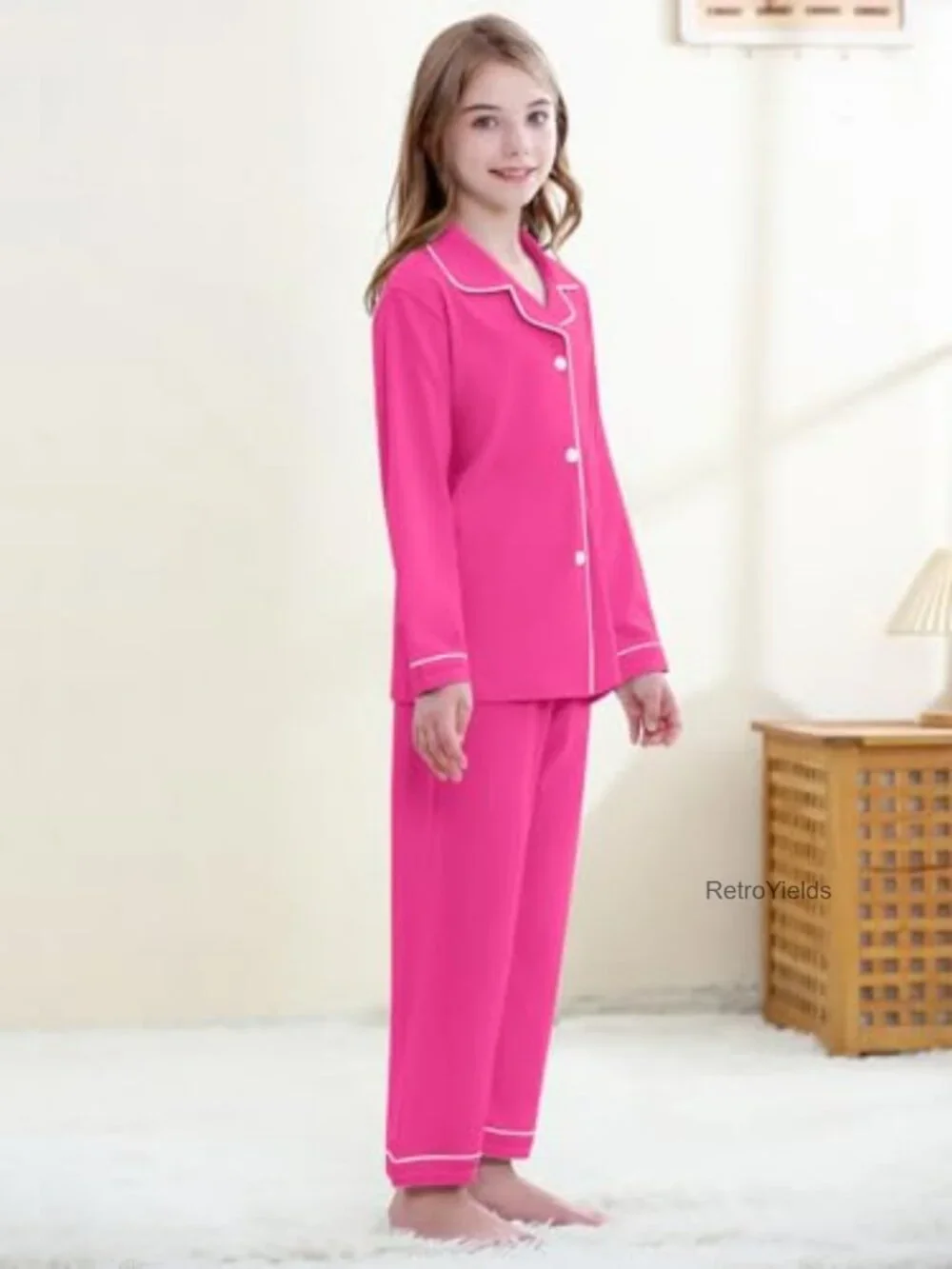 Kids Cotton Pajama Set Long Sleeve Button Down Top & Pants 2-Piece Sleepwear